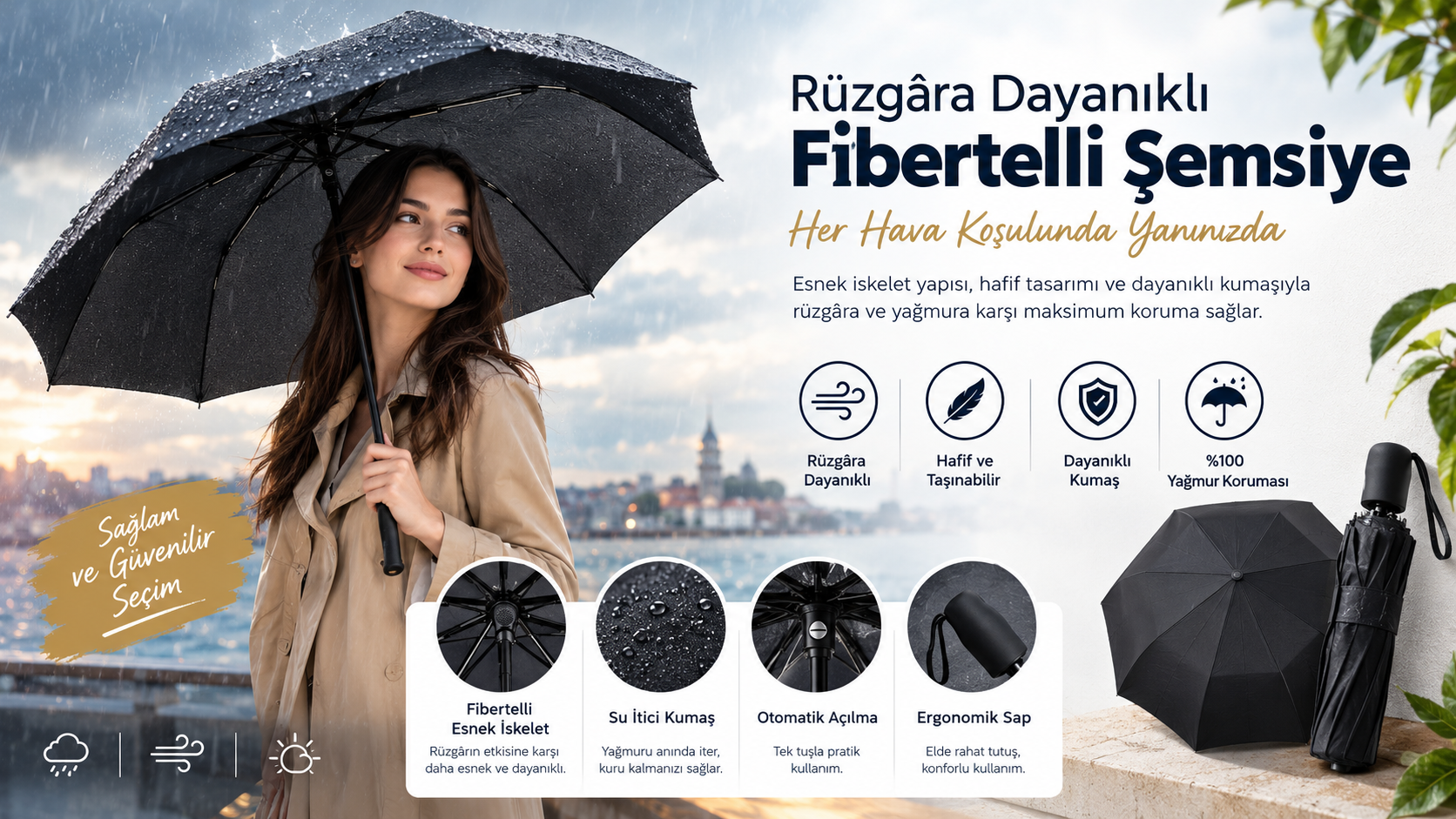 Rüzgâra Dayanıklı Fibertelli Şemsiye