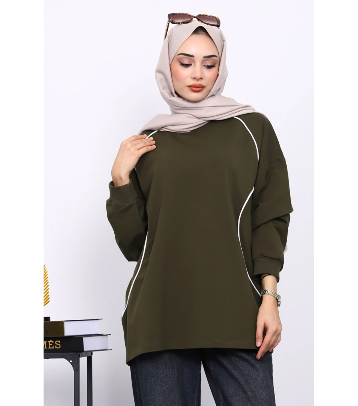 Haki Biyeli İki İplik Sweatshirt