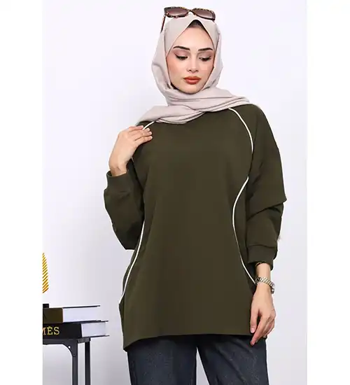 Haki Biyeli İki İplik Sweatshirt