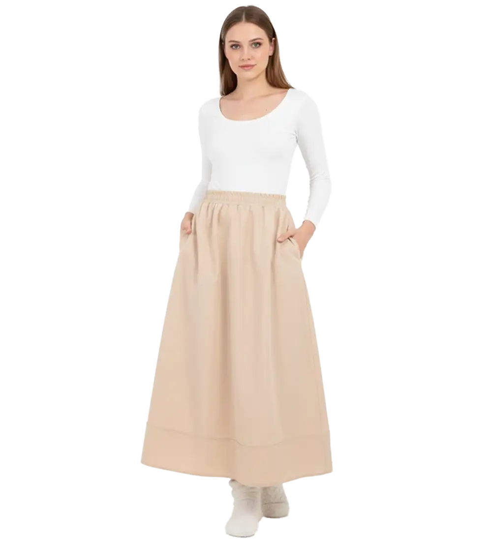 Bej Cepli Bel Lastikli Kloş Bondit Etek