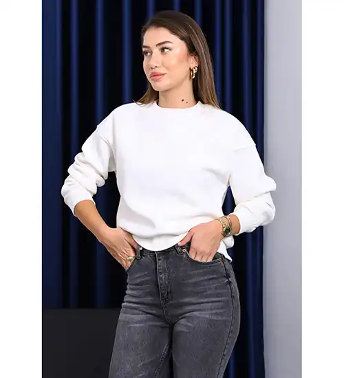 Ekru Bisiklet Yaka Üç İplik Sweat - Pazarinko