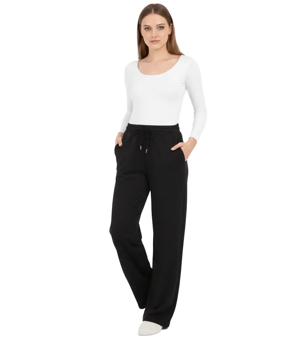 Siyah Bel Lastikli İki İplik Palazzo Eşofm