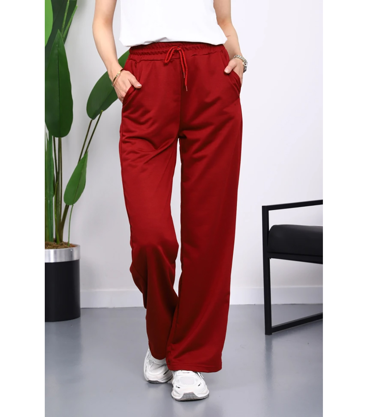 Bordo Bel Lastikli İki İplik Palazzo Eşofm