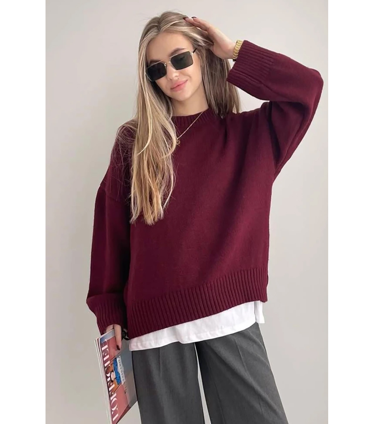 Bordo Bisiklet Yaka Yumuşak Dokulu Oversiz