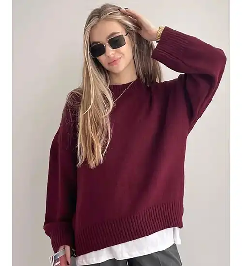 Bordo Bisiklet Yaka Yumuşak Dokulu Oversiz