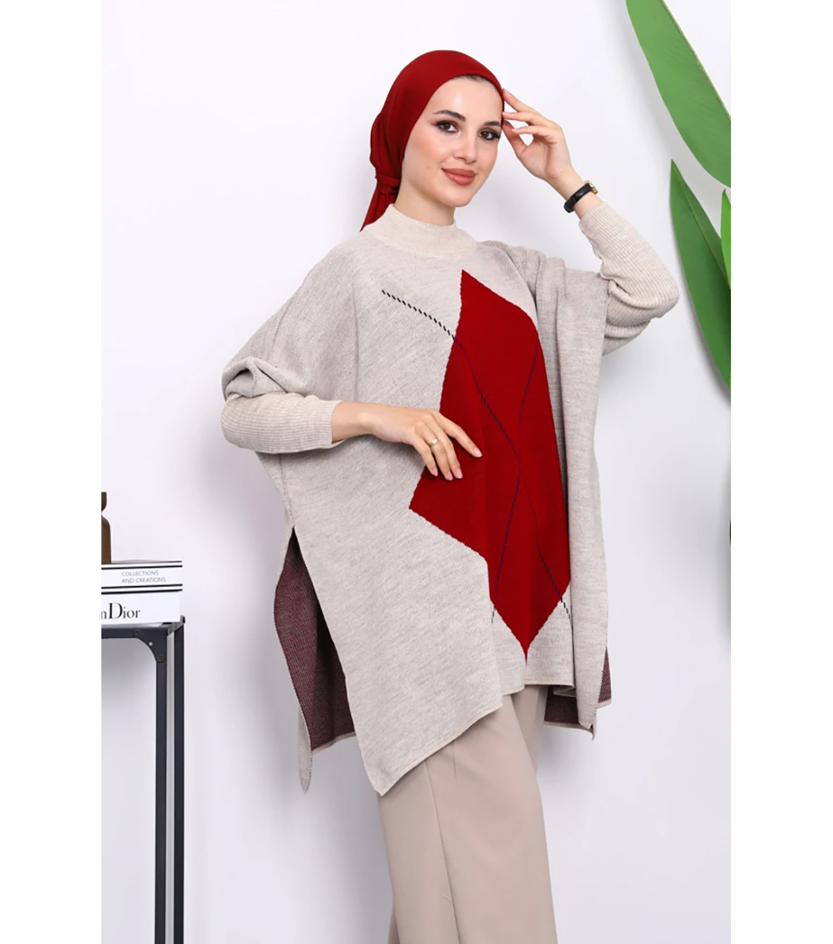 Taş Bordo Bisiklet Yaka Yan Yırtmaçlı Panç