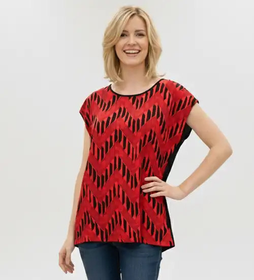 Siyah Kırmızı Desenli Düşük Kol Bluz