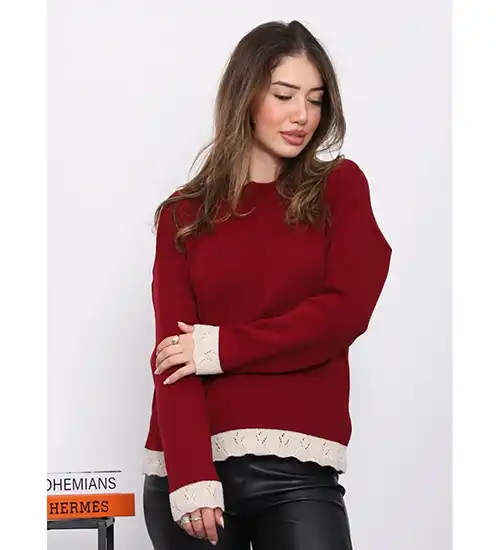 Kol Ve Etek Ucu Güpür Detaylı Triko Kazak