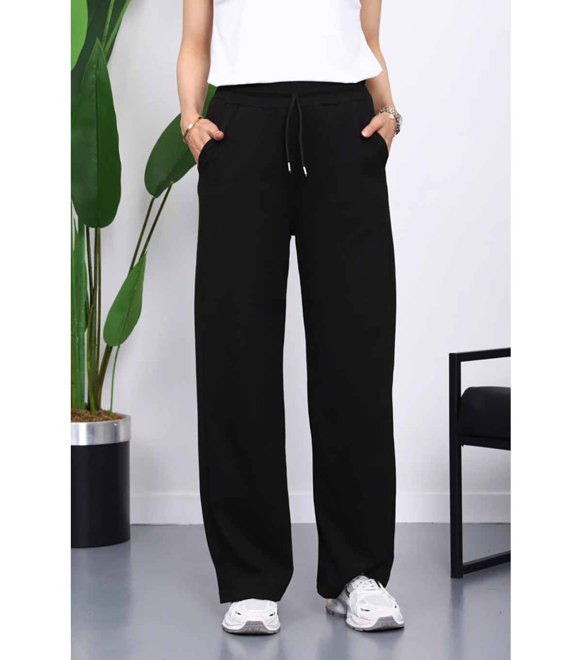 Siyah Bel Lastikli İki İplik Palazzo Eşofm