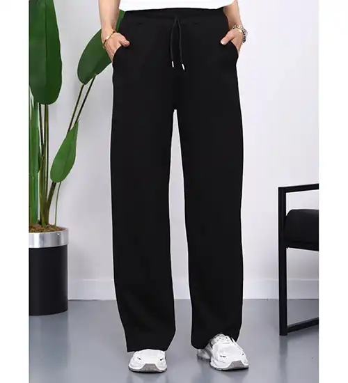 Siyah Bel Lastikli İki İplik Palazzo Eşofm