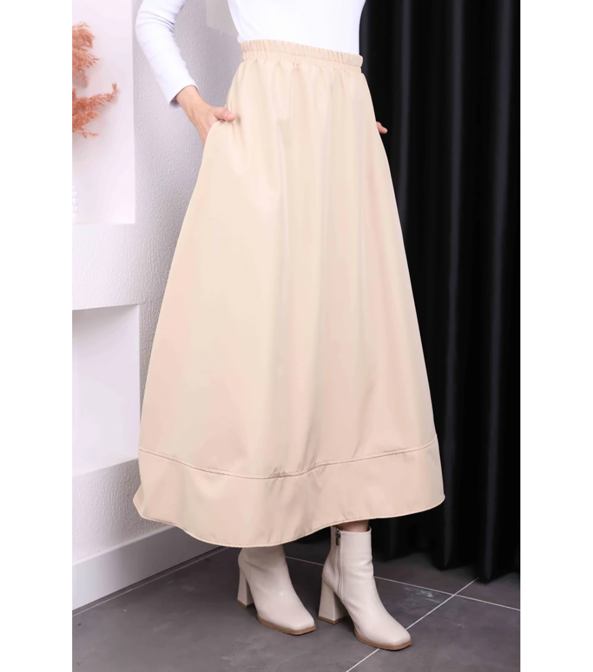 Bej Cepli Bel Lastikli Kloş Bondit Etek