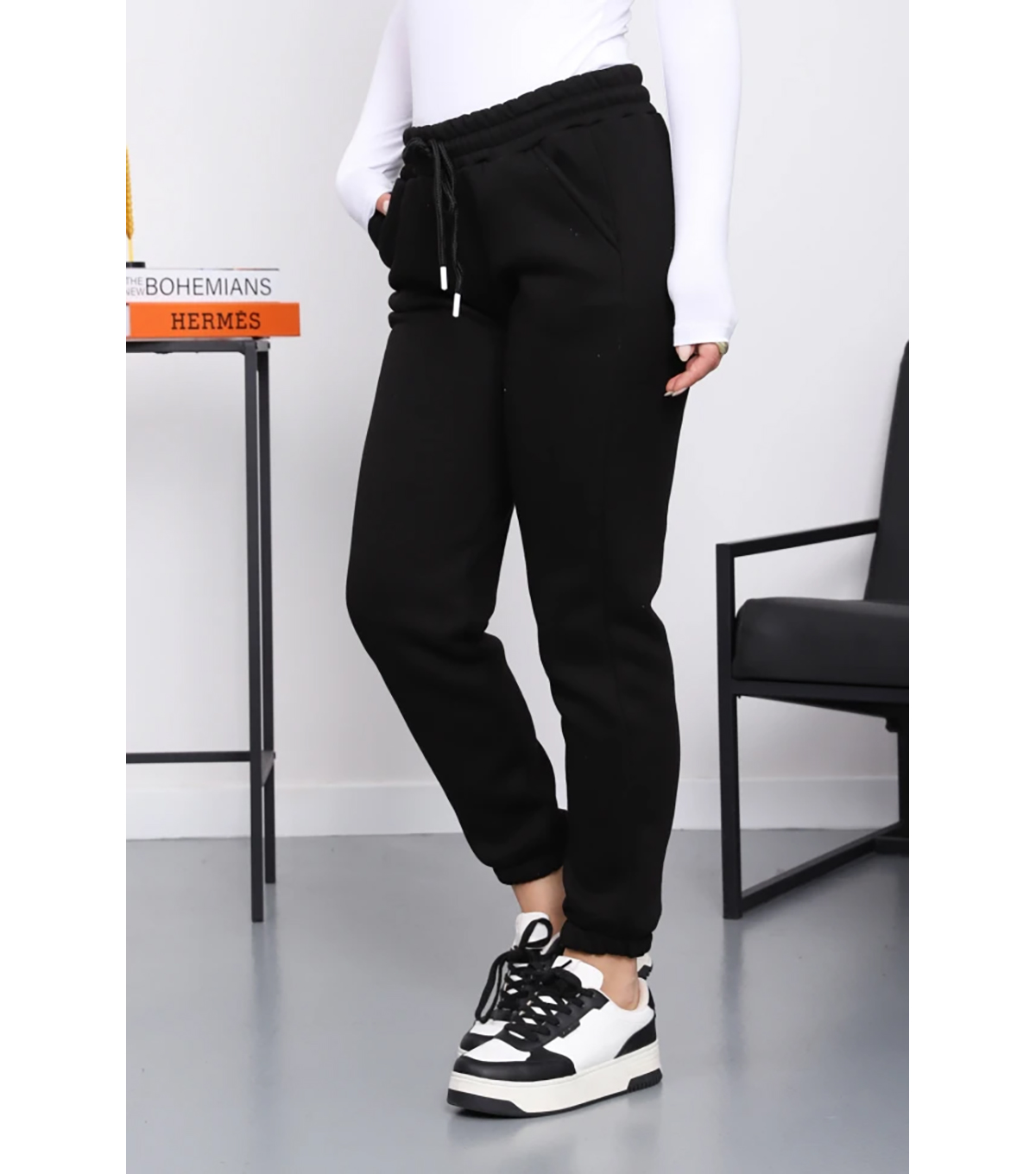 Siyah Üç İplik Şardonlu Eşofman Altı