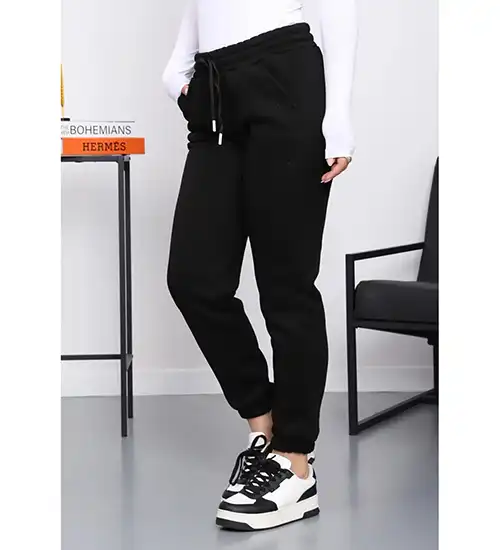 Siyah Üç İplik Şardonlu Eşofman Altı