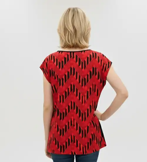 Siyah Kırmızı Desenli Düşük Kol Bluz