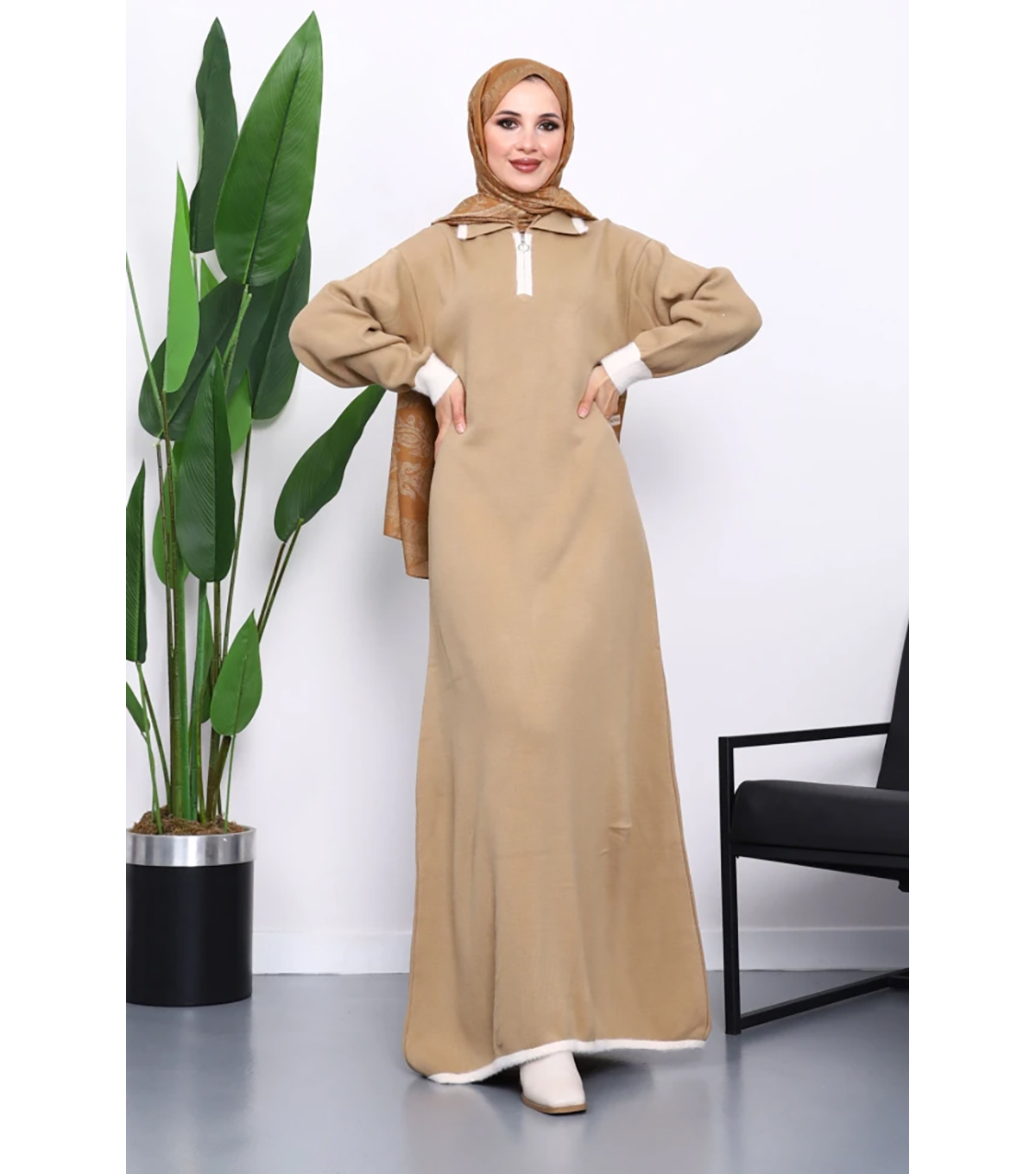 Vizon Gömlek Yaka Fermuarlı Triko Elbise