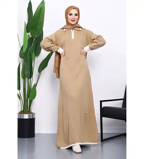 Vizon Gömlek Yaka Fermuarlı Triko Elbise - Pazarinko