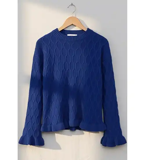 Saks Mavi Bel Ve Kol Ucu Fırfırlı Triko Ka