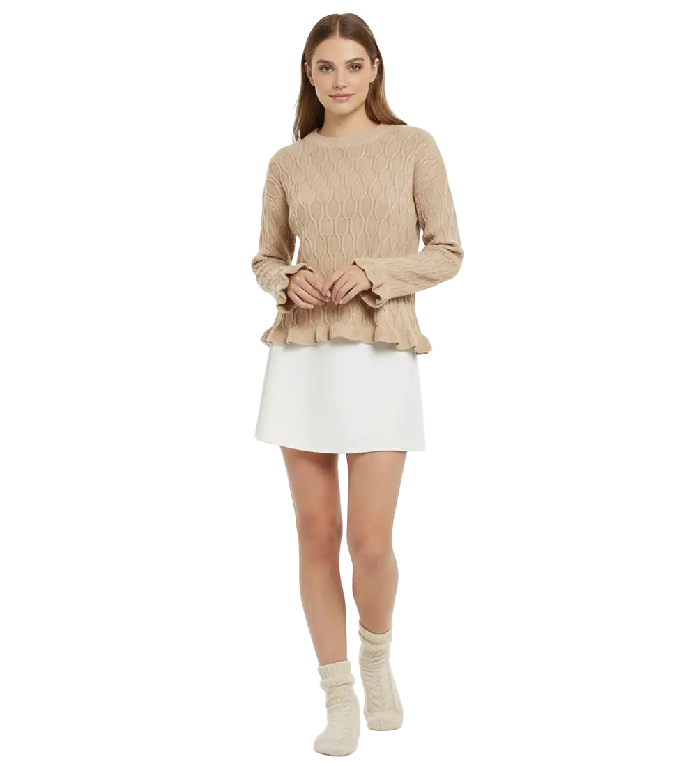 Taş Bel ve Kol Ucu Fırfırlı Triko Kazak – 