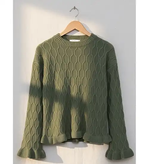 Haki Bel Ve Kol Ucu Fırfırlı Triko Kazak