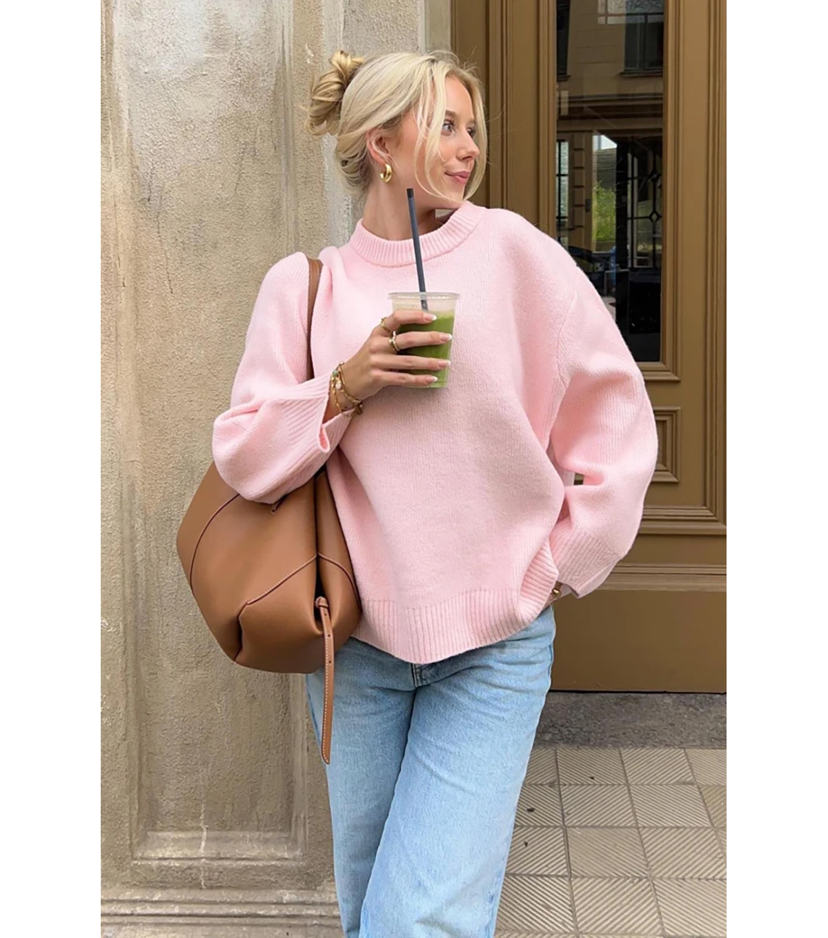 Pembe Bisiklet Yaka Yumuşak Dokulu Oversiz